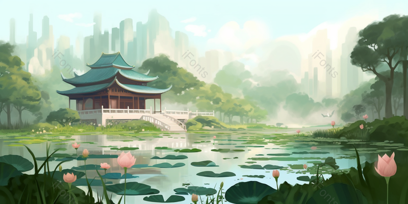 杭州西湖十景曲院风荷,插画/手绘图,插画/手绘图库,插画/手绘图下载,插画/手绘